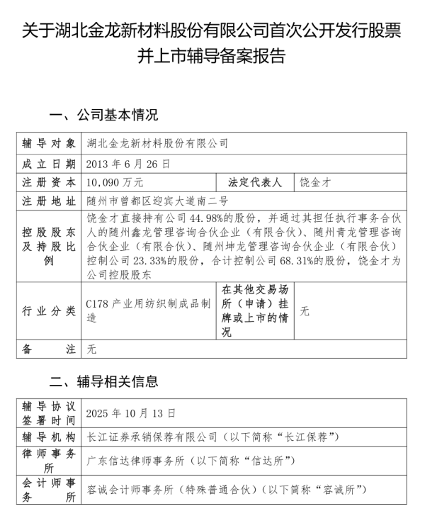 中岩投资 金龙新材料启动IPO辅导